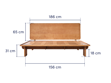 Wooden bed frame with headboard, 186 cm wide and 156 cm deep. Brown finish, 65 cm headboard height, 31 cm frame height, 18 cm leg height.