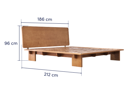 Wooden bed frame with slatted base, measuring 186cm wide, 96cm high, and 212cm long. Simple design with a light brown finish.