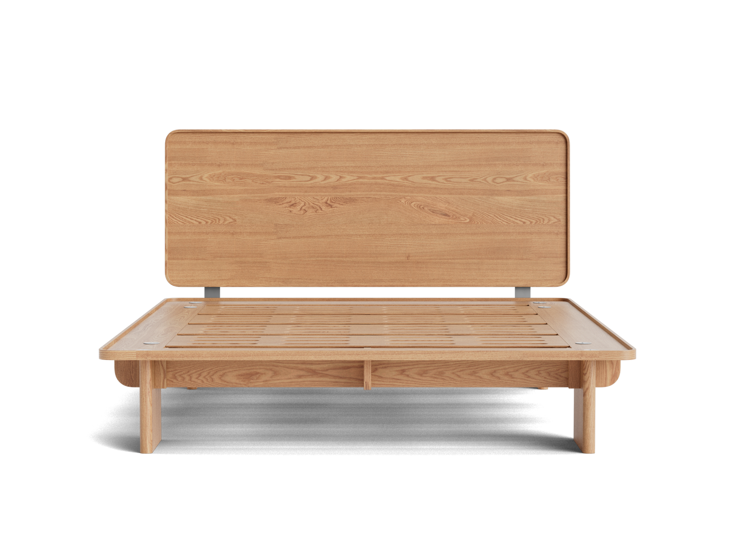 Wooden bed frame with a minimalist design, featuring a slatted base and a smooth, light brown wood finish.