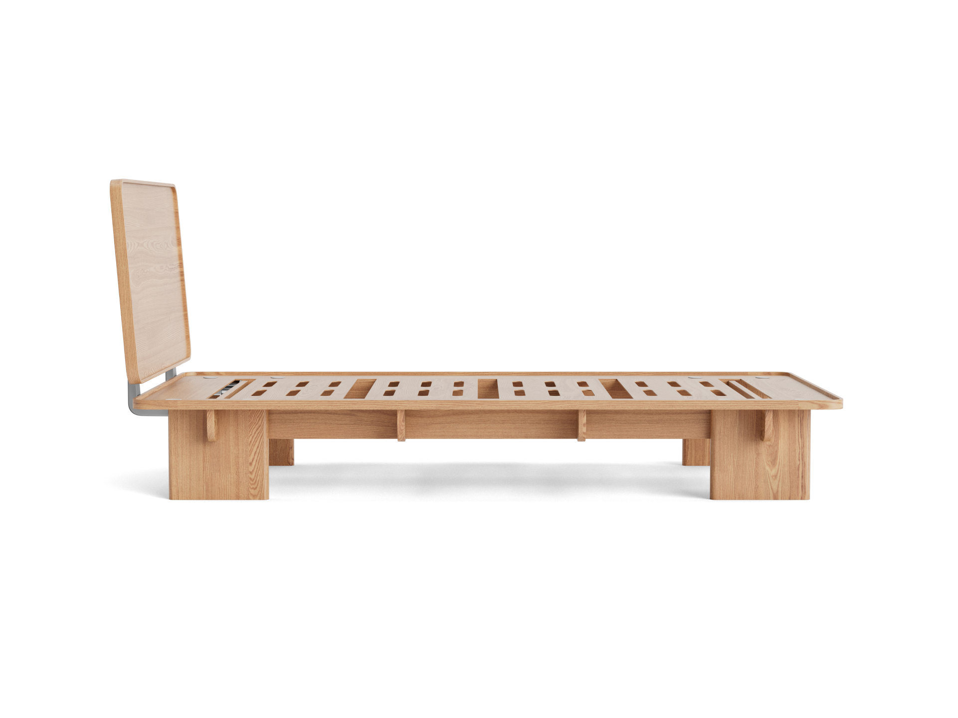 Natural wood bed frame with slatted design and adjustable headboard, low-profile style.