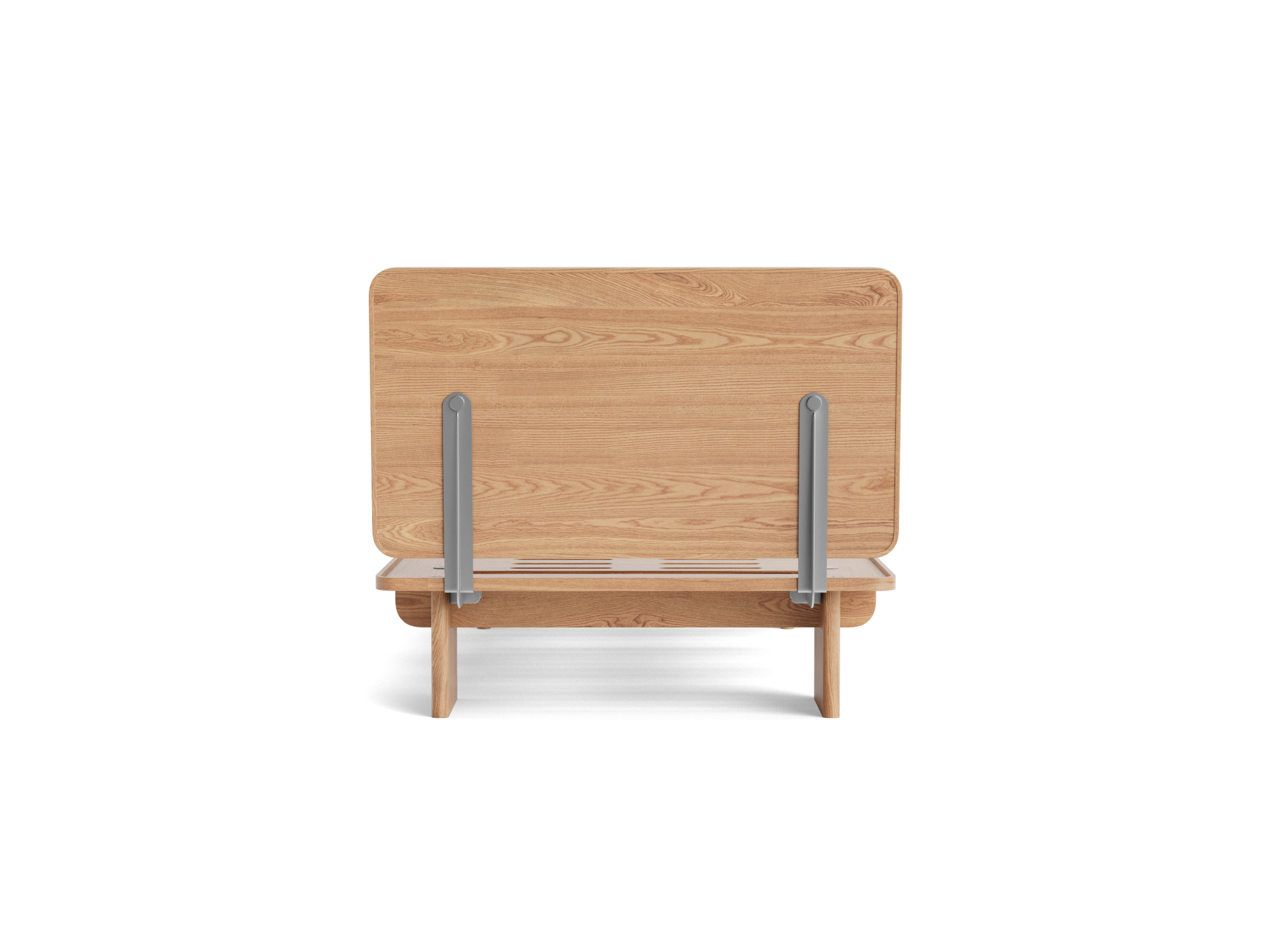 Wooden bedhead with a natural finish and two vertical grey metal supports, viewed from the front.