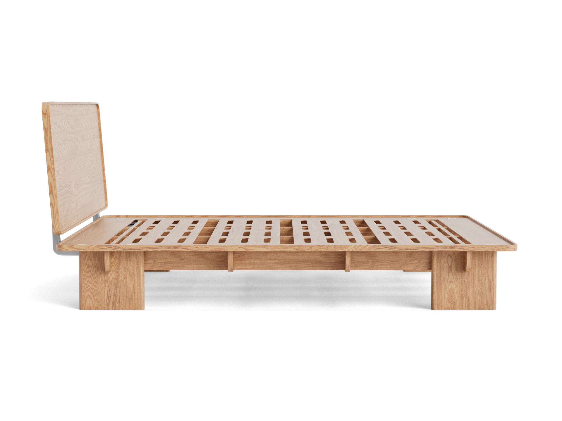 Natural wood bed frame with slatted base and simple headboard, side view, on a white background.