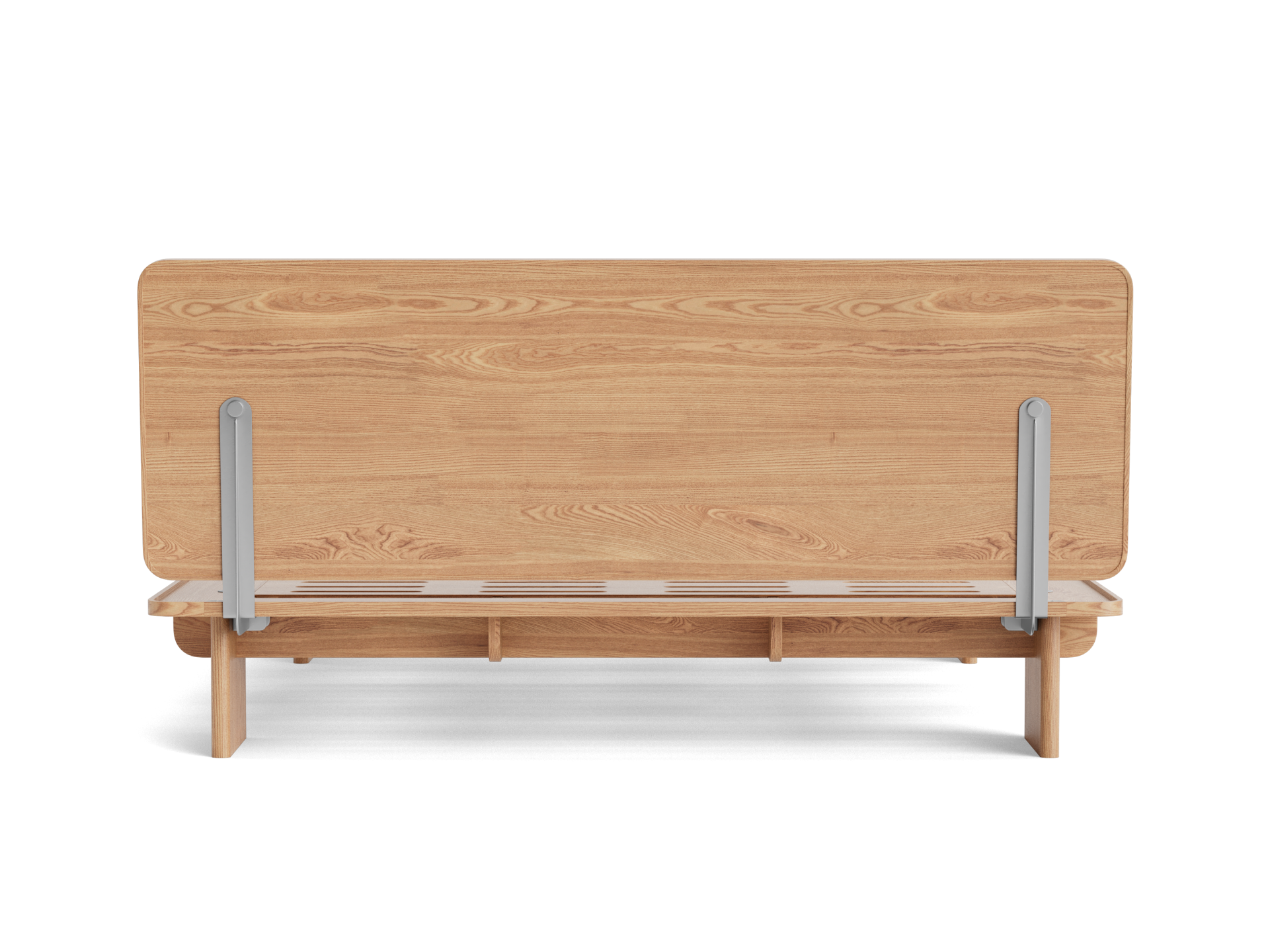 Modern wooden bed frame with a natural finish, featuring a simple flat headboard and minimalist metal support legs.