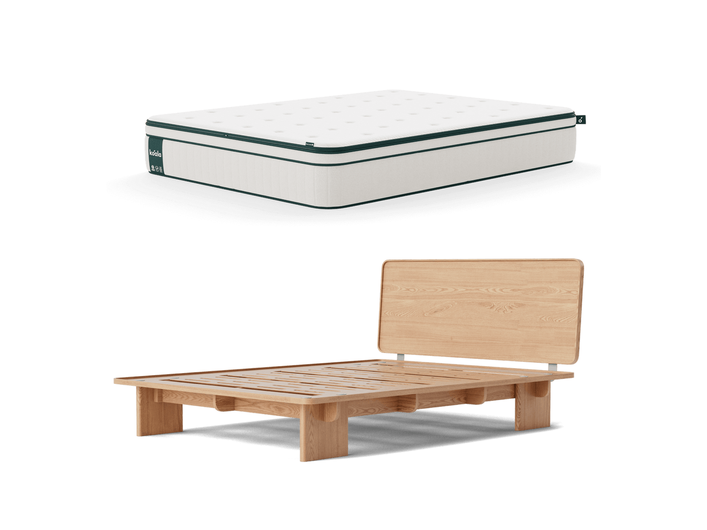 Mattress with a white top and dark green trim above a light wood platform bed frame, featuring a tall headboard.