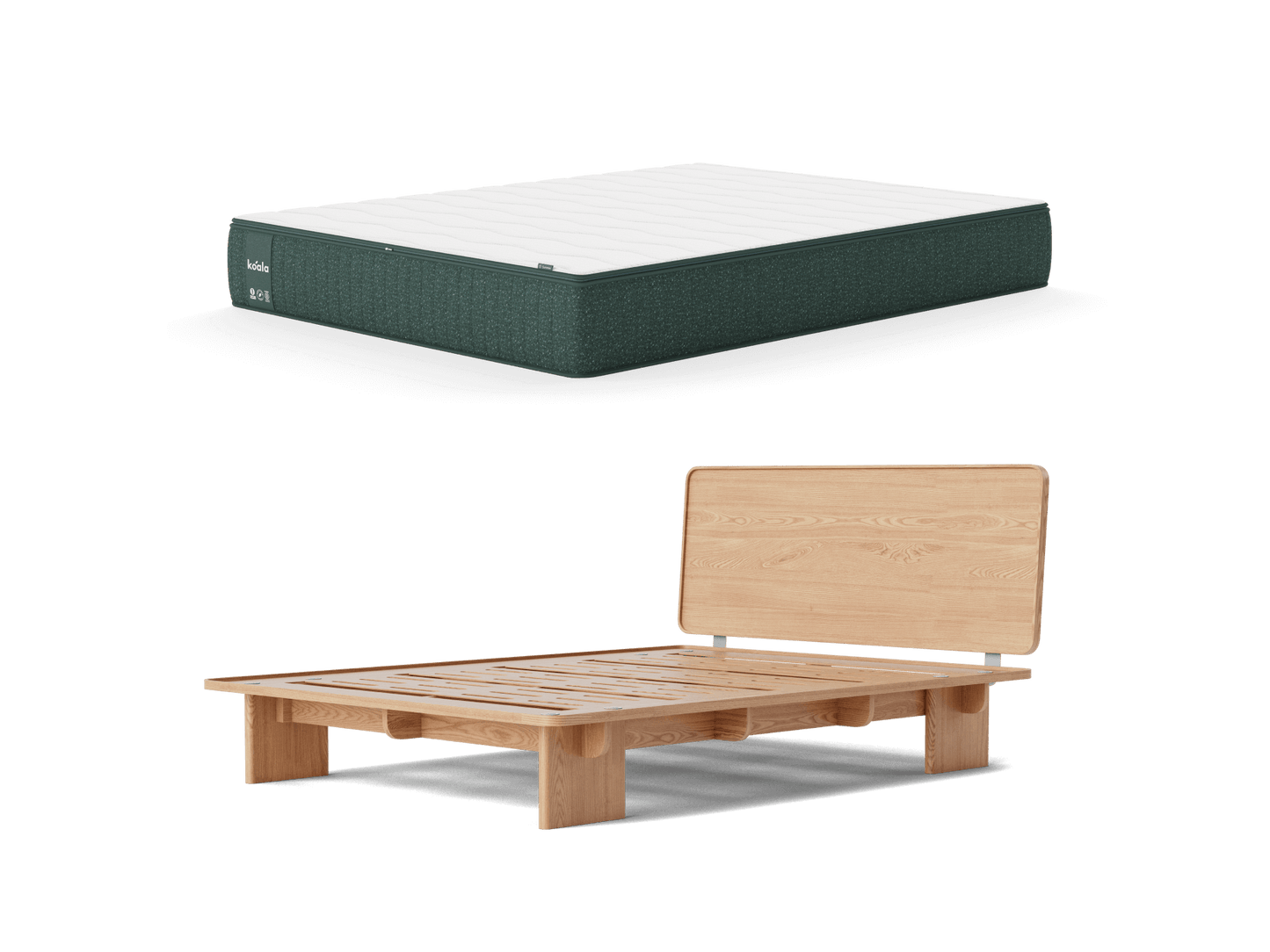 Dark green mattress with white top above a light wood bed frame with slatted base and simple headboard.