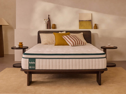 Modern bedroom with a wooden bed frame, white mattress, and assorted cushions. Two round side tables hold decor. Beige walls and a carpet complete the look.