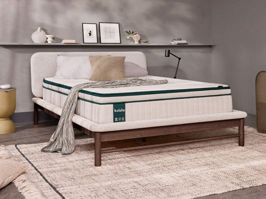 Modern bedroom with wooden bed frame, light grey mattress, beige headboard, and textured rug. Minimalist decor and soft lighting.