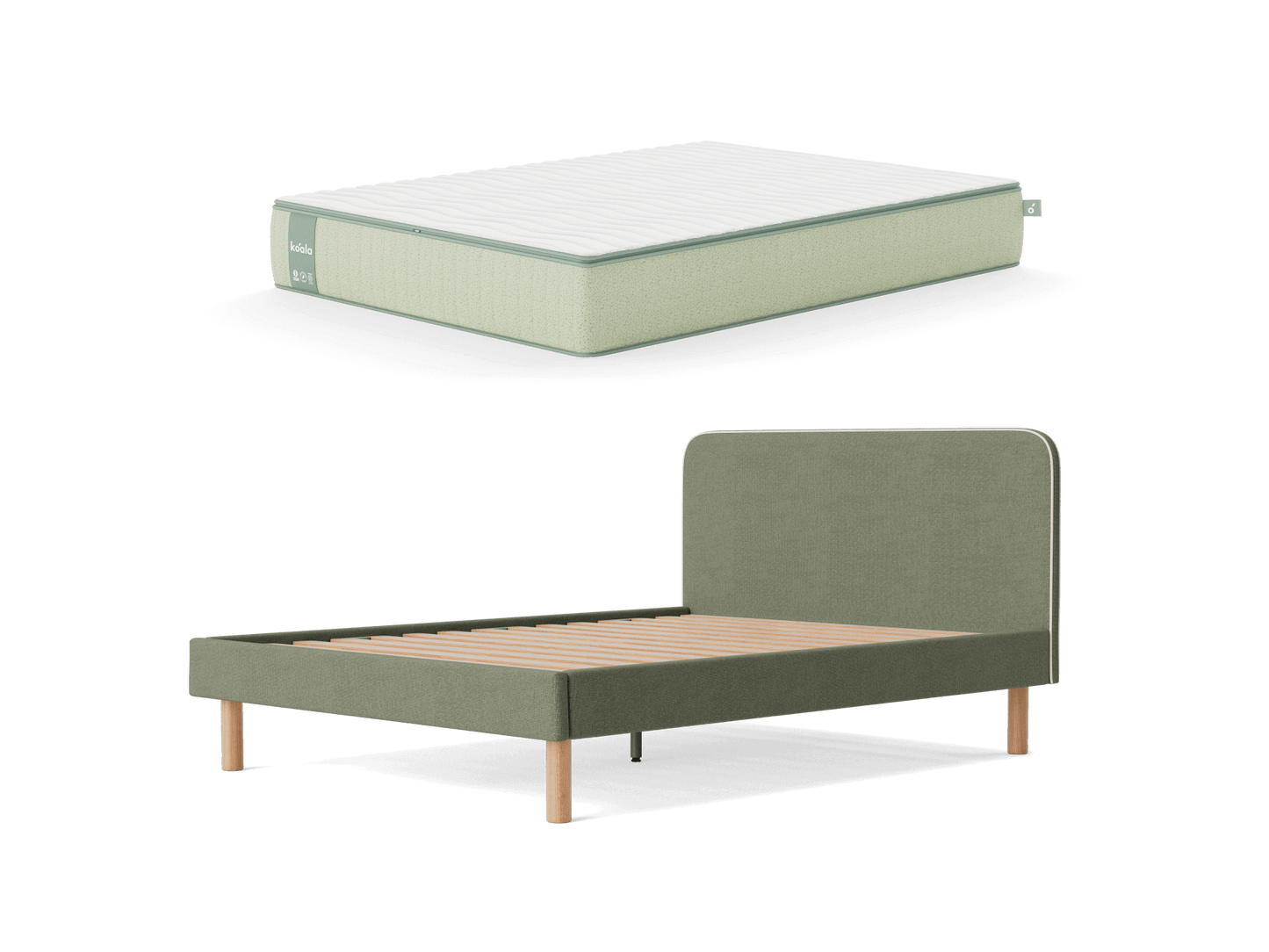 Green upholstered bed frame with wooden slats and light green mattress on top.