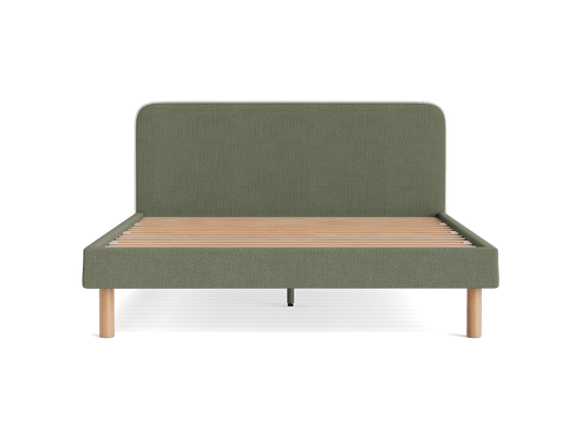 Olive green upholstered bed frame with a wooden slatted base and rounded headboard. Light wooden legs provide a minimalist design.