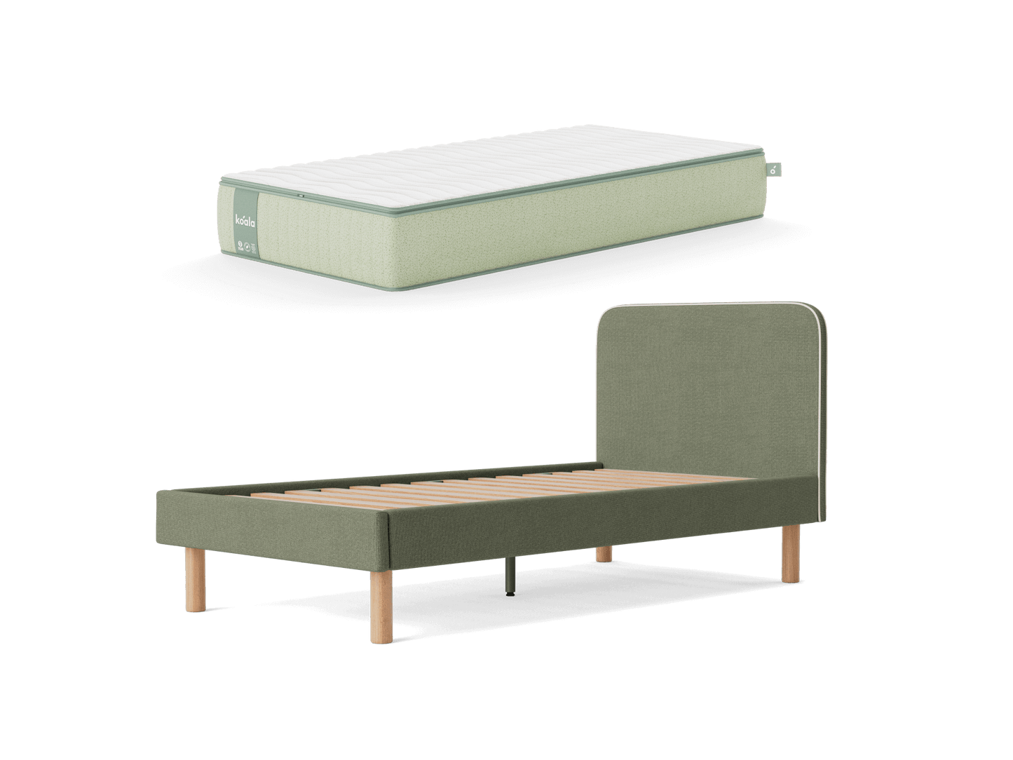 Green single bed frame with wooden slats and matching mattress on top, featuring a simple upholstered headboard.