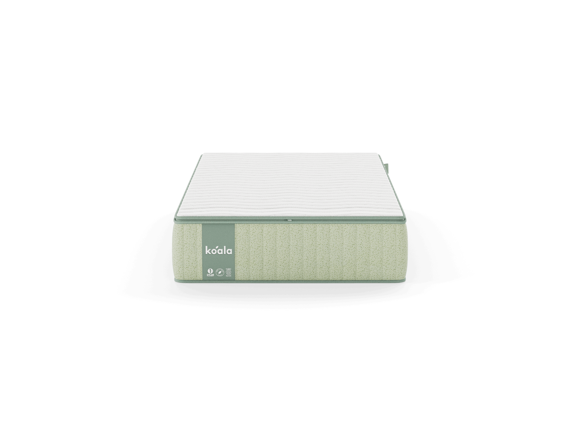 Light green mattress with a white top surface, featuring a koala logo on the side. Ideal for comfort and support in any bedroom setting.