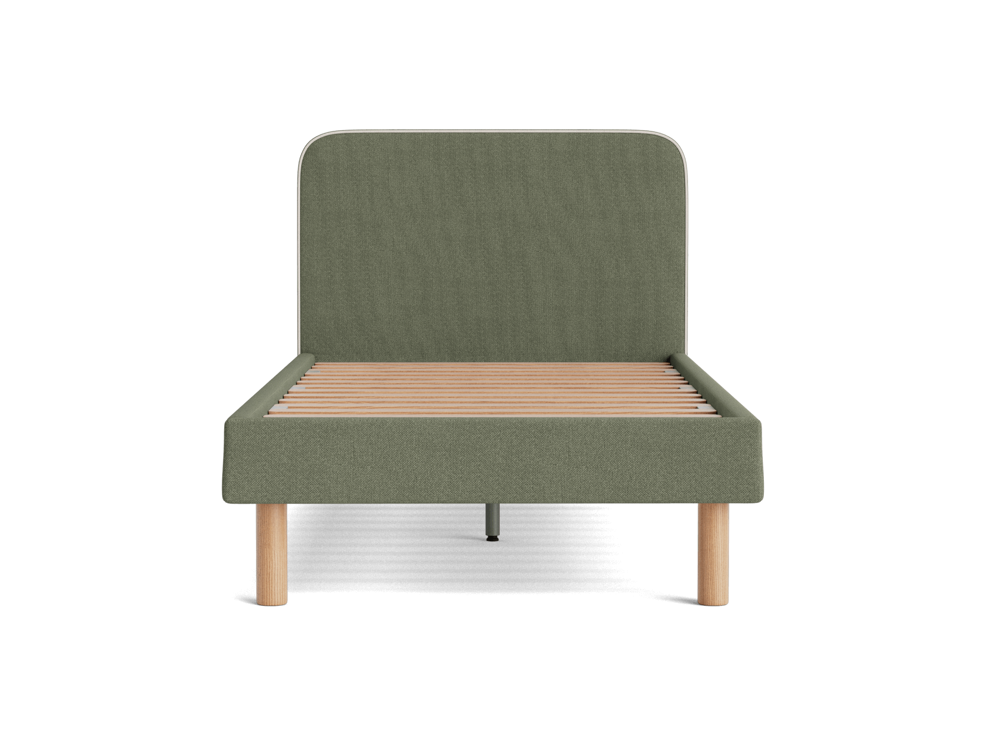 Olive green bed frame with wooden slats and four light wooden legs, featuring a cushioned headboard.
