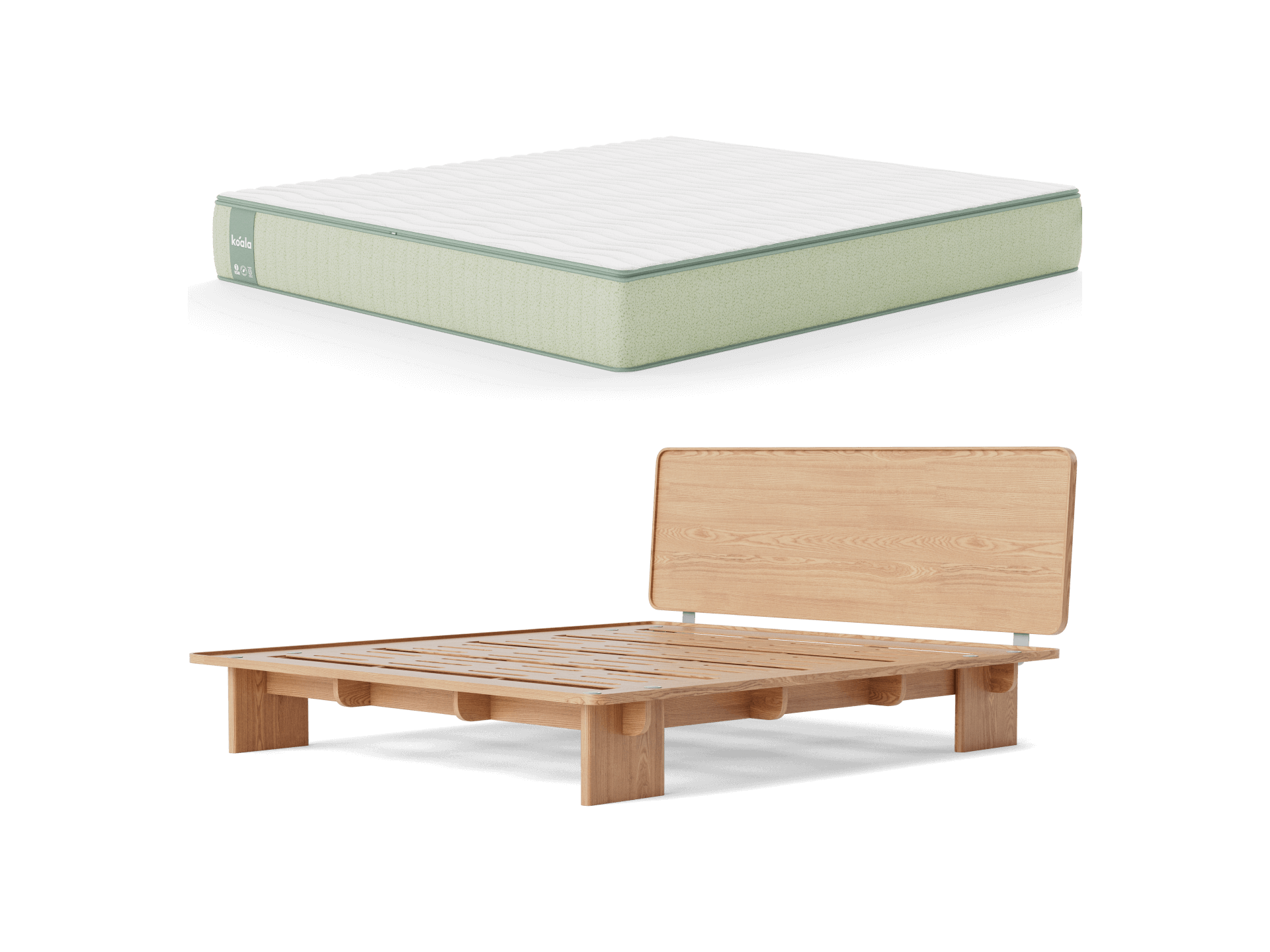 Mattress on light wood platform bed frame. Mattress is white with light green sides. The frame has a minimalist design with a slatted base.