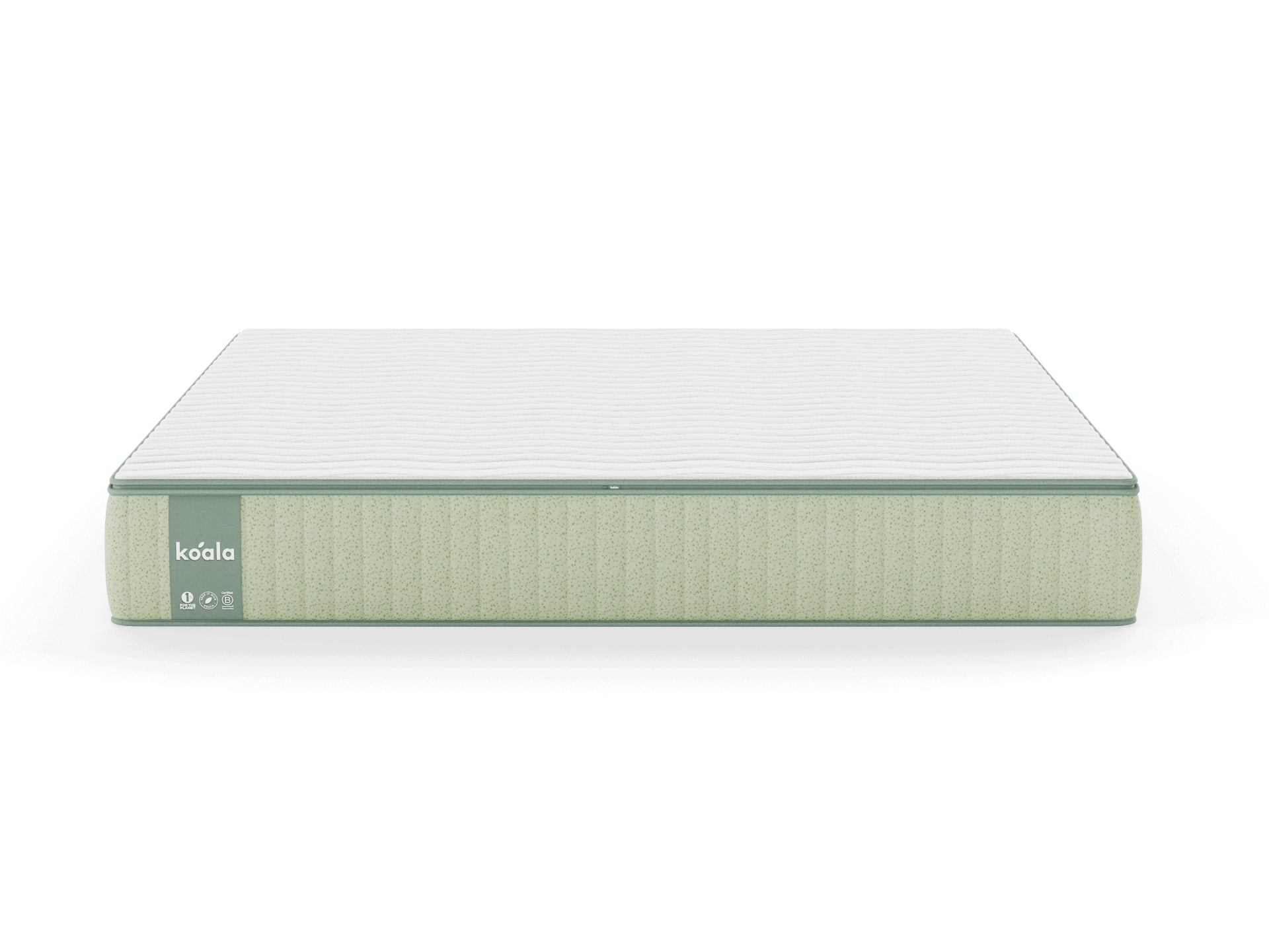 Mattress with a white top and light green sides, featuring small logo and icons on the corner panel.