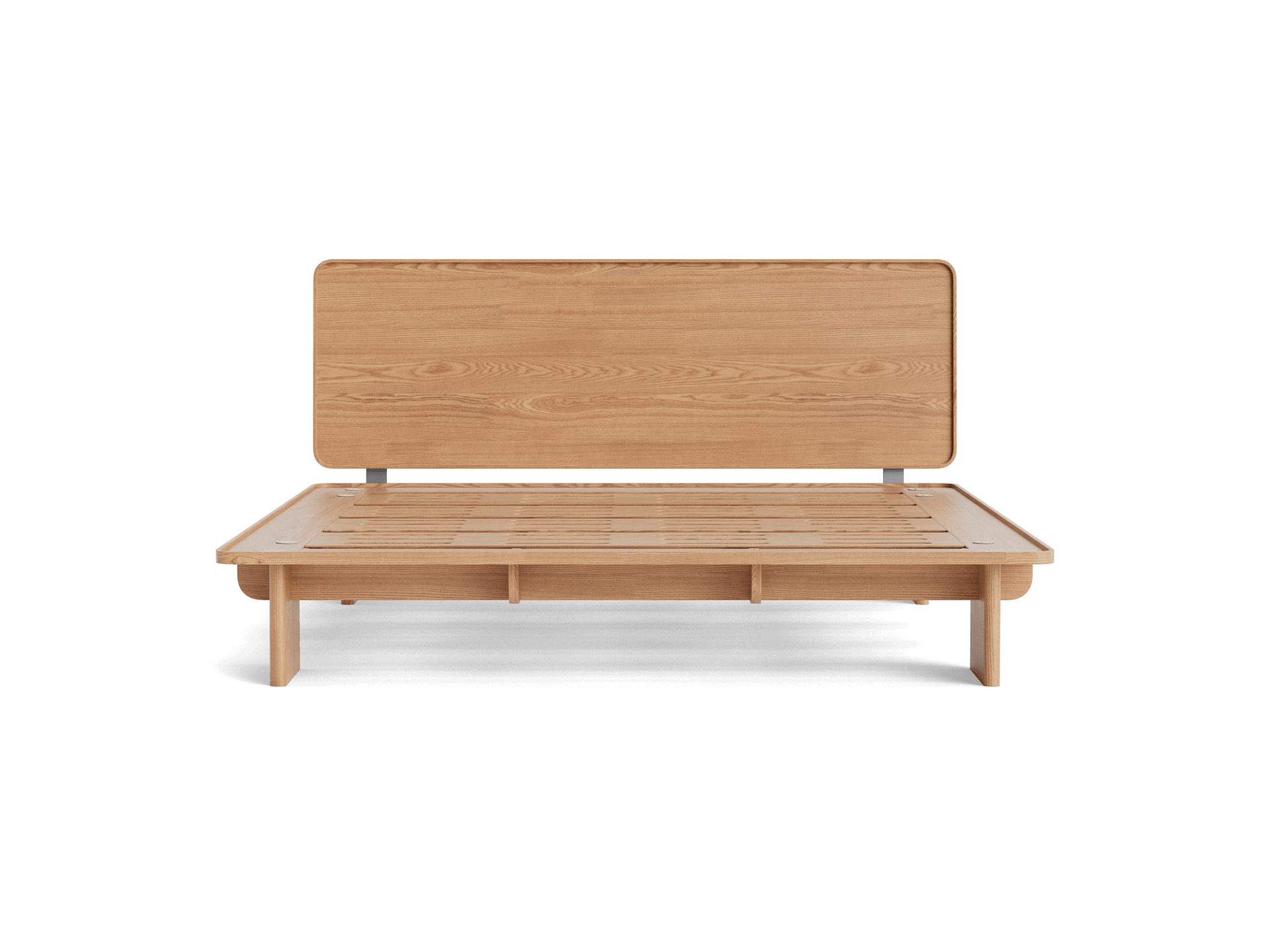 Natural wood bed frame with a minimalist headboard and slatted base, featuring a light brown finish.