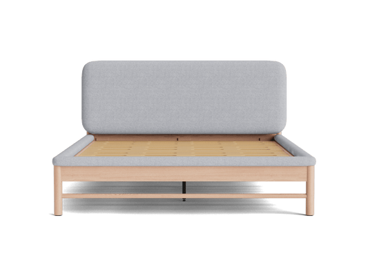 Light grey upholstered bed frame with a wooden slatted base and light wood legs, viewed from the front.