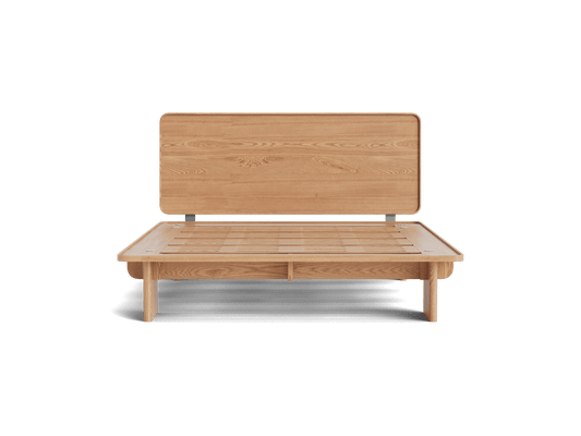 Light brown wooden bed frame with a sleek headboard and minimalist design. Suitable for modern bedroom décor.