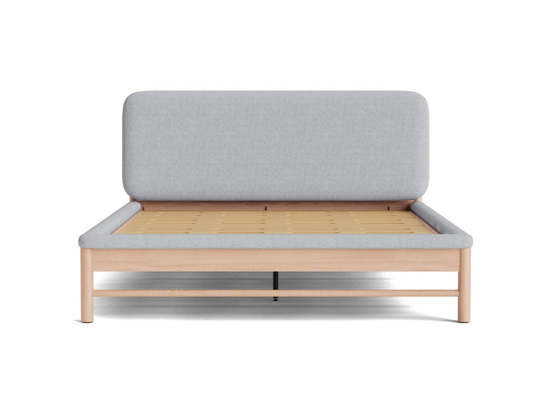 Light grey upholstered bed frame with wooden slatted base. Minimalist design, featuring a rectangular headboard and natural wood legs.