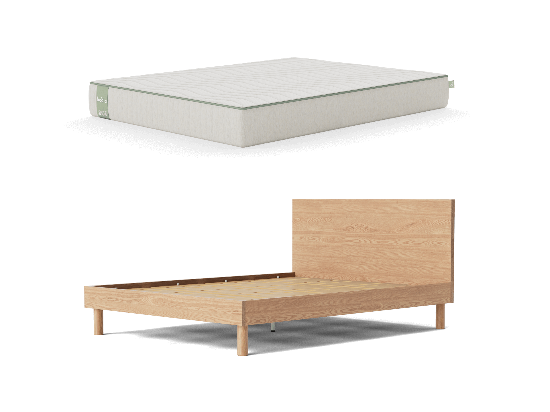 Wooden bed frame with headboard beside a white mattress, both on a plain background. Simple and modern bedroom set.