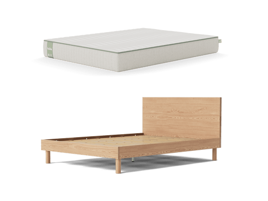 Wooden bed frame with headboard beside a white mattress, both on a plain background. Simple and modern bedroom set.