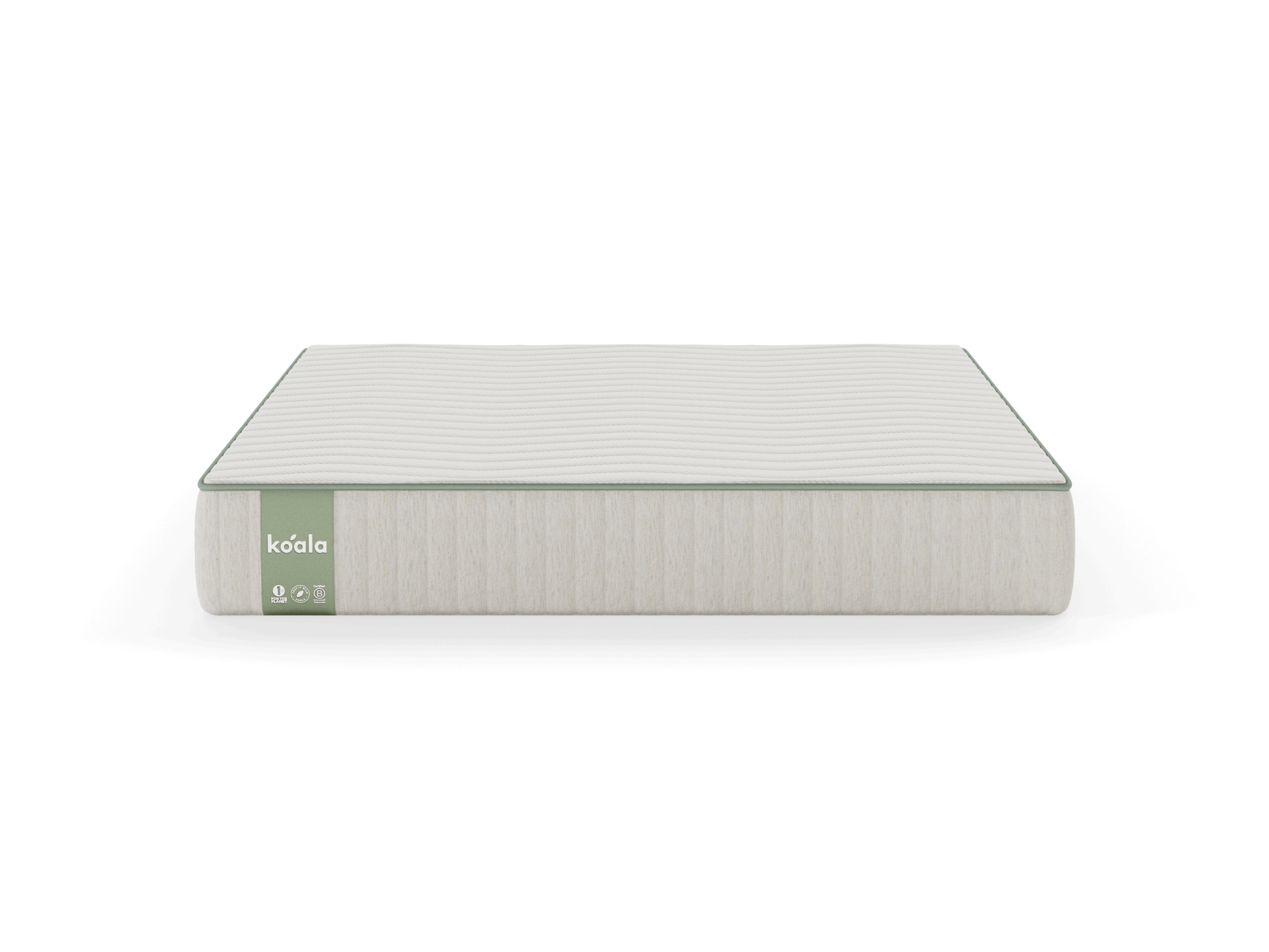 White mattress with light grey sides, featuring a green label. Mattress is shown against a plain background.
