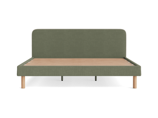 Olive green upholstered bed frame with light wooden slats and legs, featuring a curved headboard. Modern minimalist design.