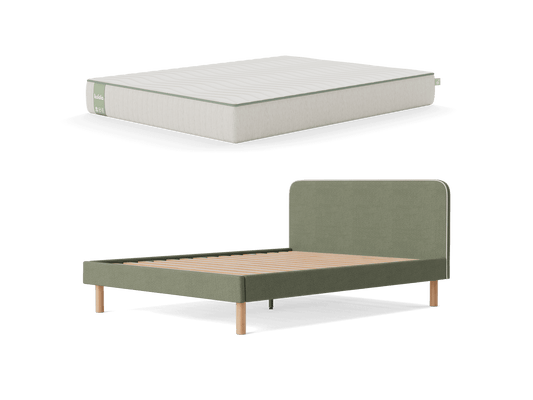 Green fabric bed frame with wooden legs and slats, paired with a white mattress. Simple, modern bedroom furniture set.