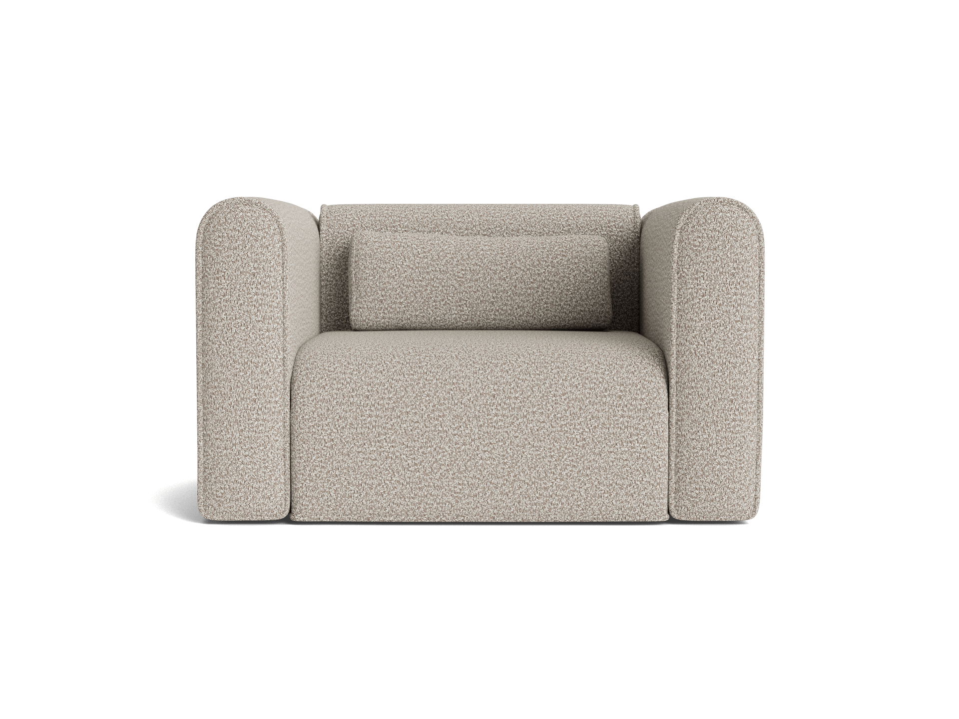 Light grey armchair with a textured fabric, featuring broad armrests and a matching rectangular cushion for a cosy, modern design.