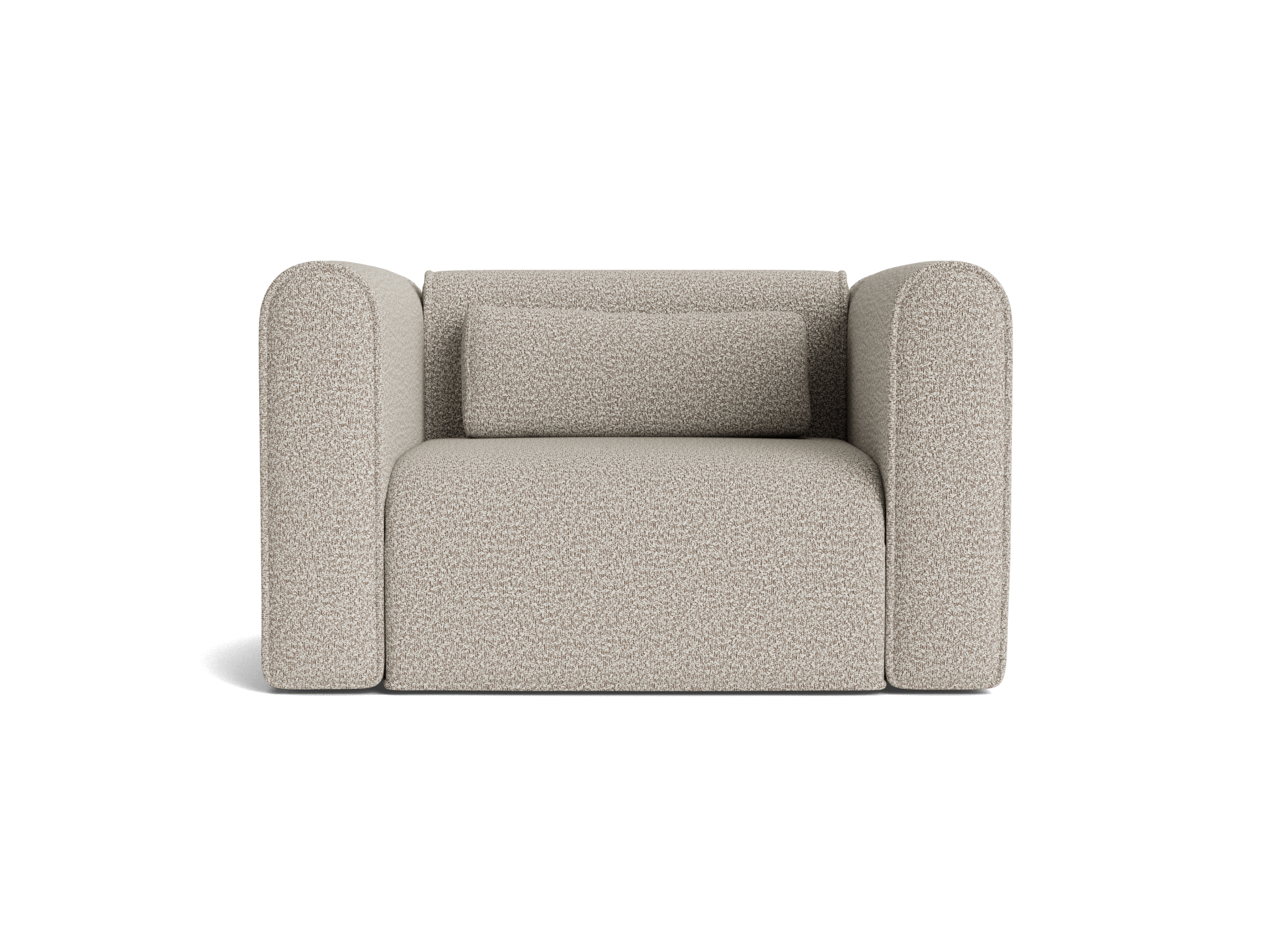 Beige armchair with a thick, textured fabric. It features a boxy design with rounded arms and a matching lumbar cushion.