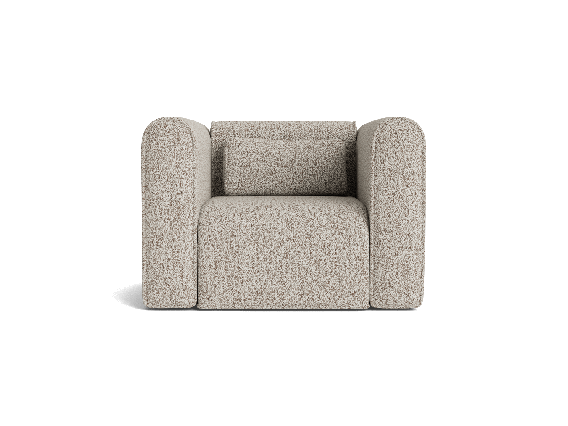 Modern light grey armchair with a square silhouette and cushioned backrest, featuring plush fabric upholstery. Ideal for contemporary living rooms.