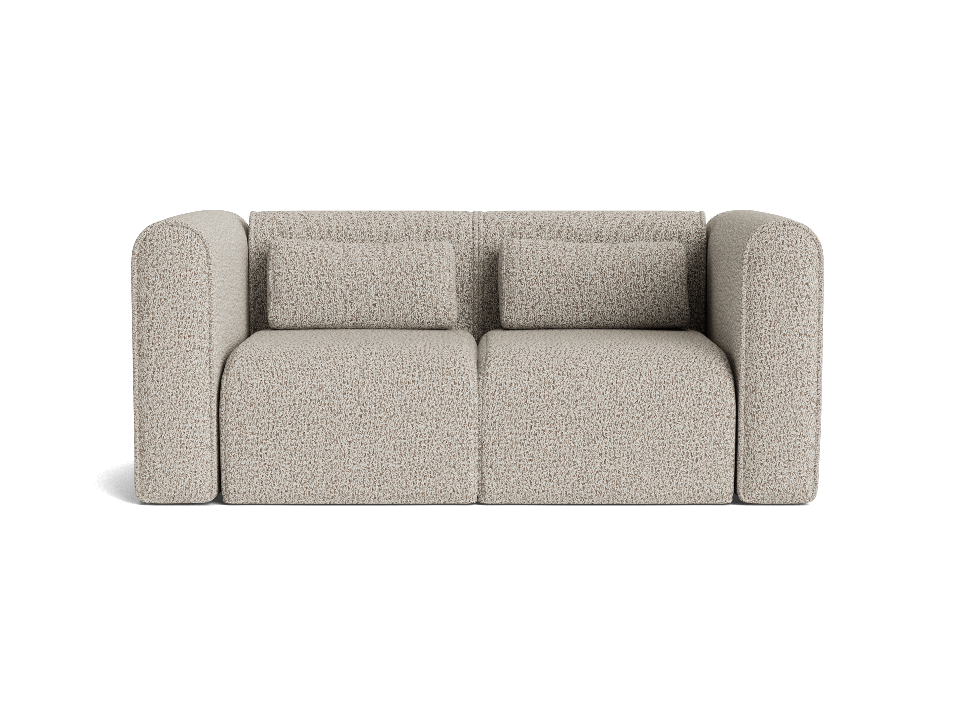 Light grey two-seater sofa with square cushions and rounded arms, featuring a textured fabric.