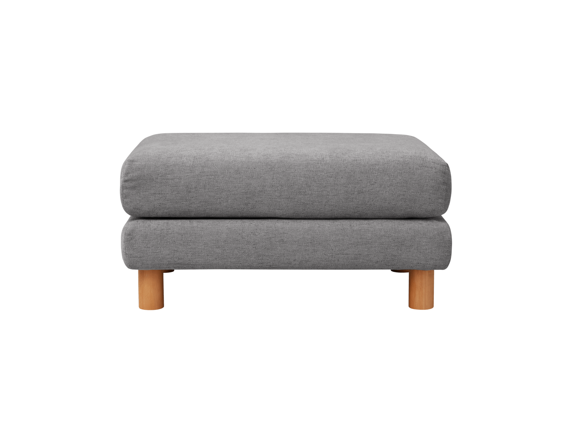 Grey upholstered ottoman with wooden legs. Simple, modern design suitable for living room or office decor.