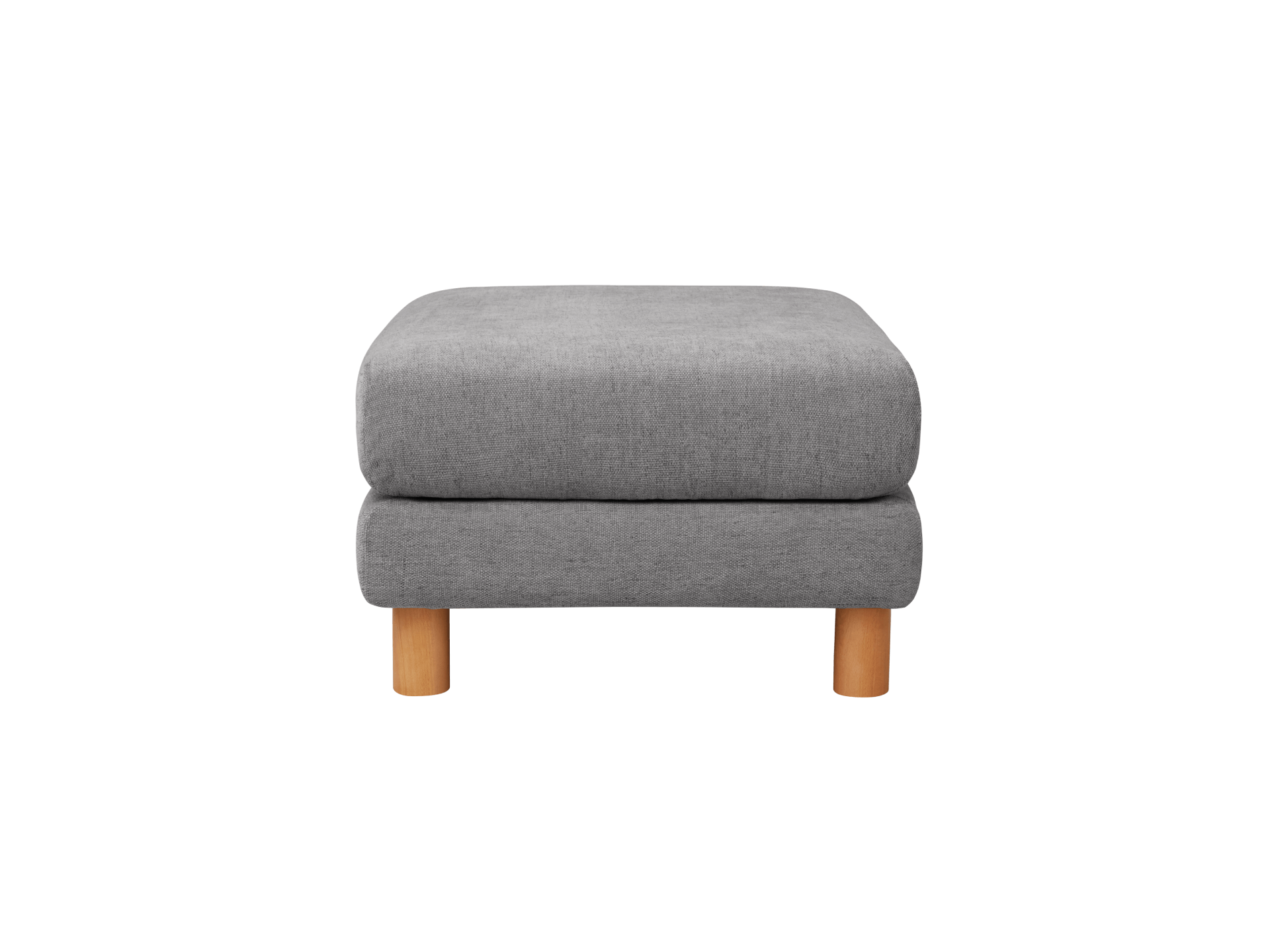 Grey upholstered ottoman with two light brown wooden legs, square shape, and simple design. Perfect for modern living room furniture.
