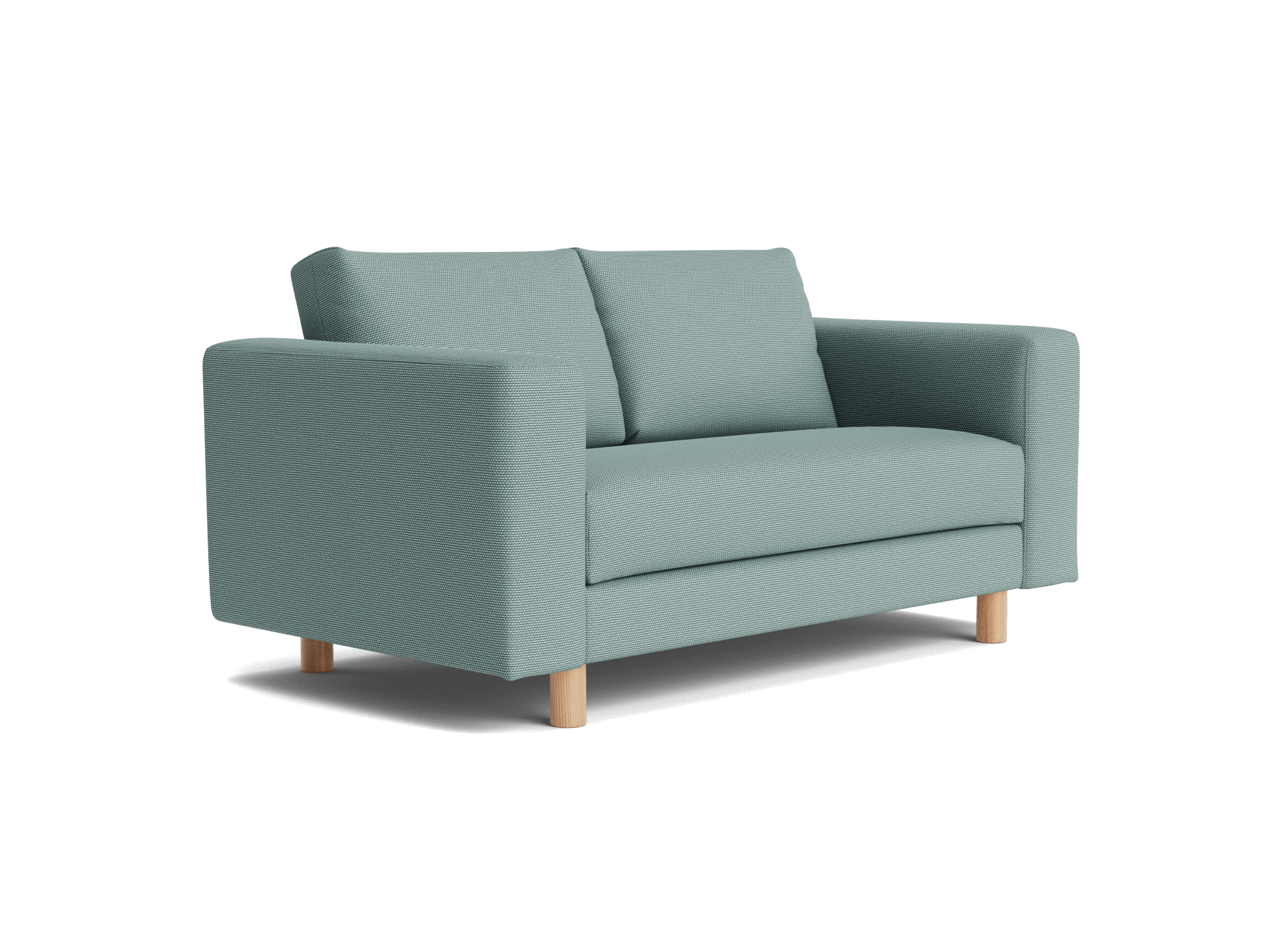 Light blue two-seater sofa with wooden legs and thick cushions on a white background.
