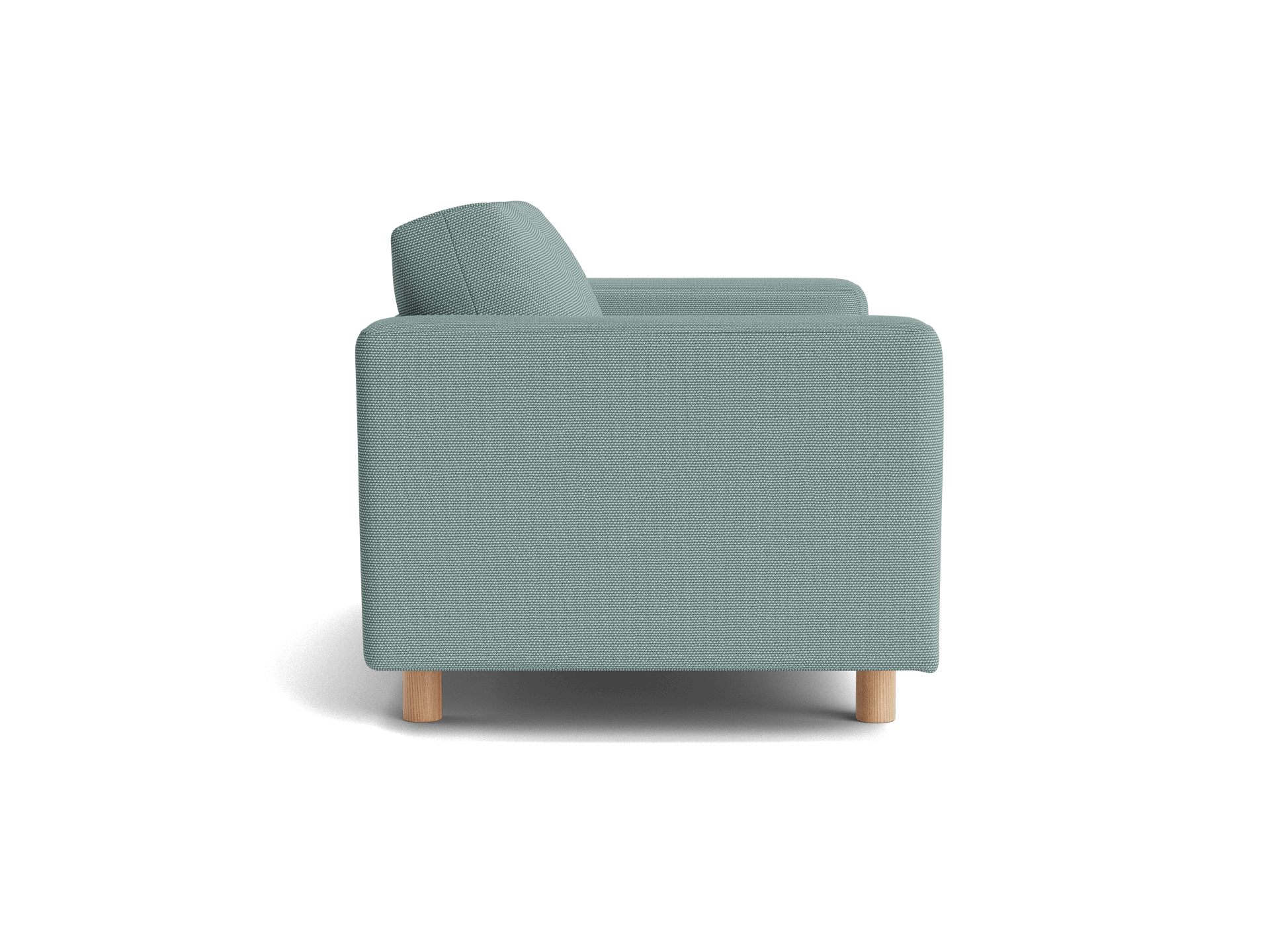 Side view of a light grey sofa with wooden legs, featuring plush cushioning and a modern design. Ideal for stylish living spaces.