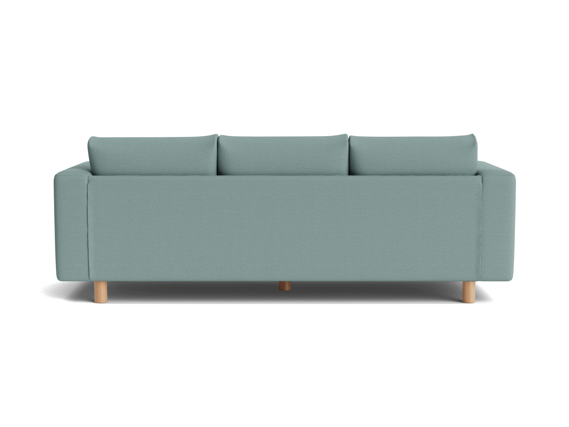Light grey sofa with three back cushions and wooden legs, viewed from the back. Upholstery is sleek and modern.