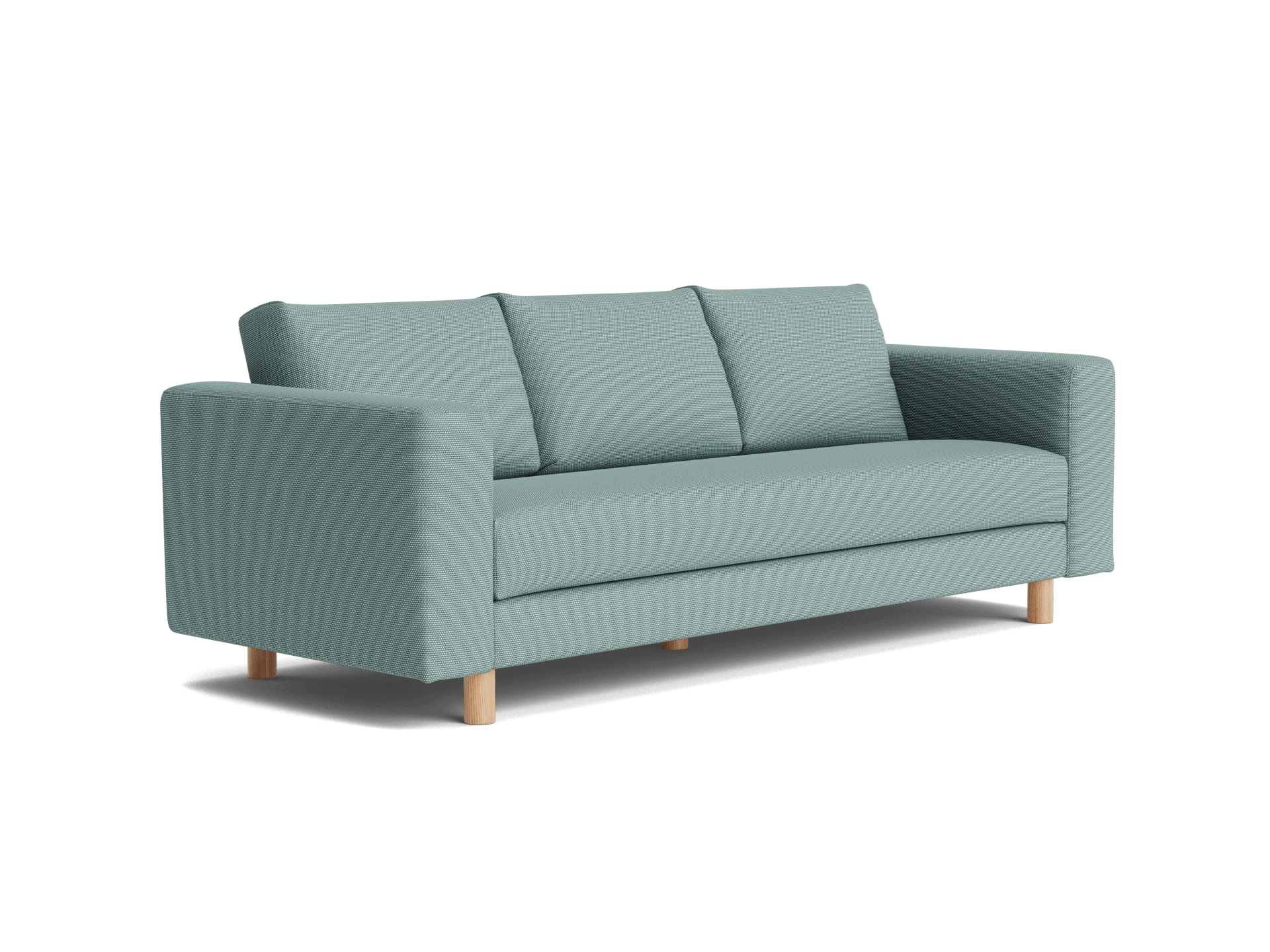 Light green three-seater sofa with clean lines, wooden legs, and three back cushions. Ideal for modern living room décor.