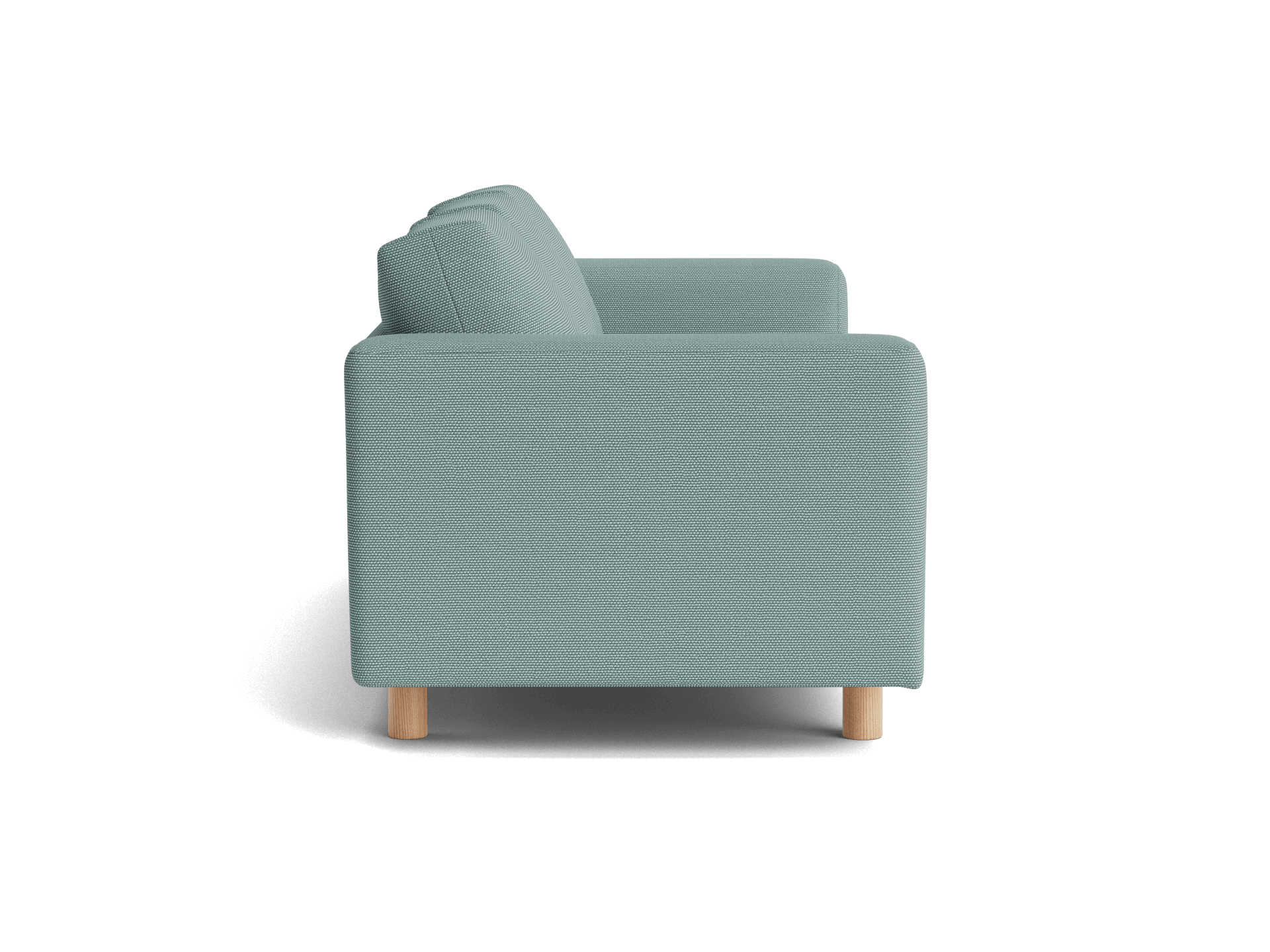 Side view of a light grey armchair with wooden legs, featuring a cushioned backrest and armrest, on a plain background.