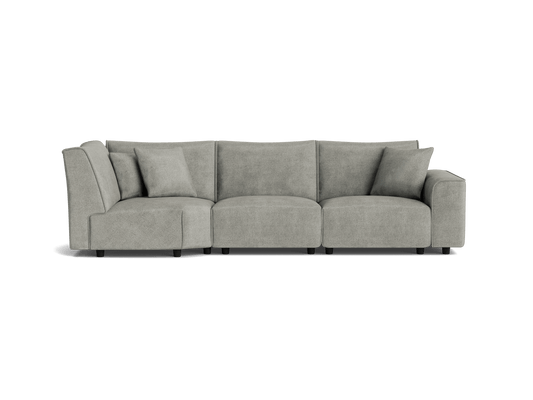 Light grey sectional sofa with three cushions, featuring a modern design and plush seating. Perfect for contemporary living rooms.