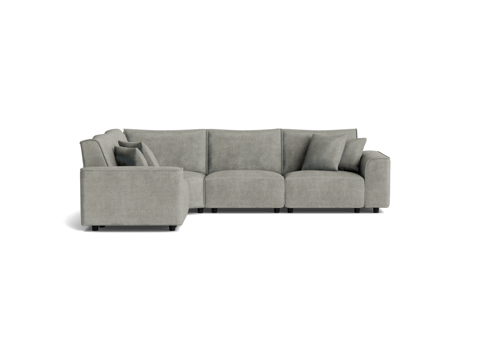 Light grey L-shaped sectional sofa with plush cushions. Modern design, fabric upholstery, ideal for a living room setting.