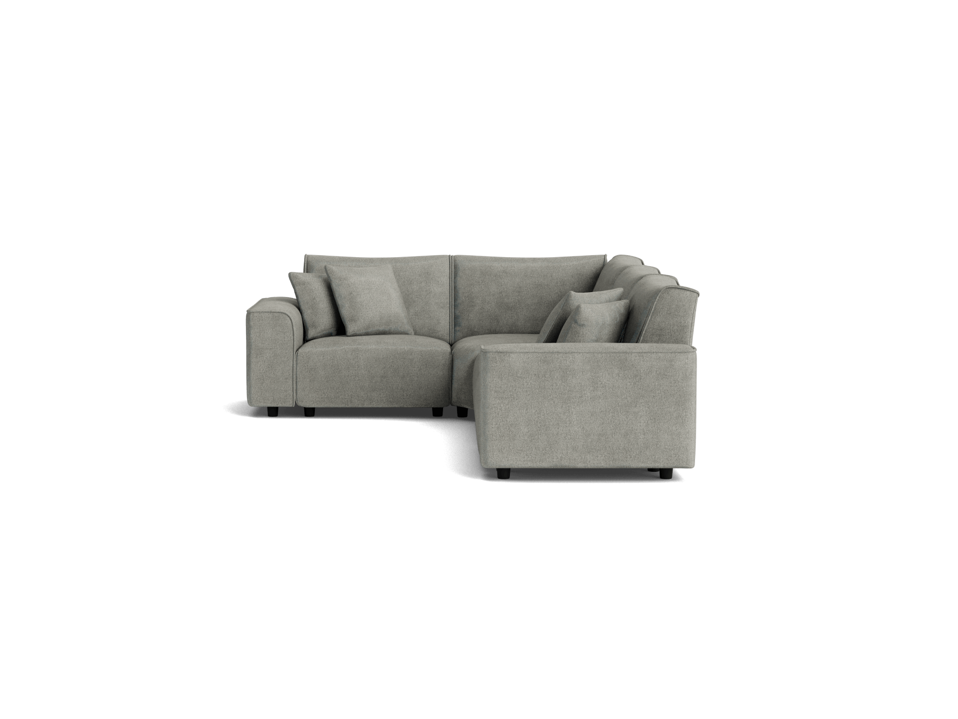 Light grey L-shaped sectional sofa with three seat cushions and several matching throw pillows.