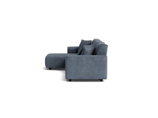 Side view of a dark grey sectional sofa with cushions, featuring clean lines and plush seating. Ideal for modern living rooms.