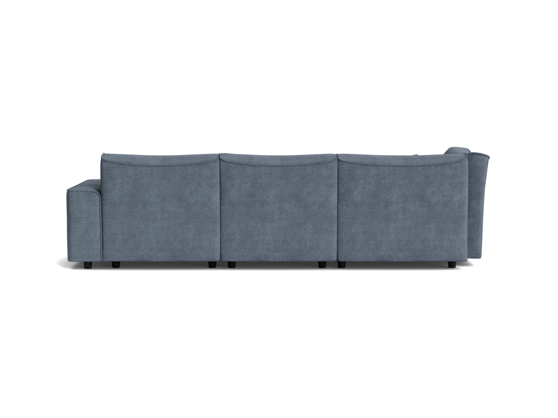 Back view of a dark grey, three-seater fabric sofa with clean lines and cushioned backrests.