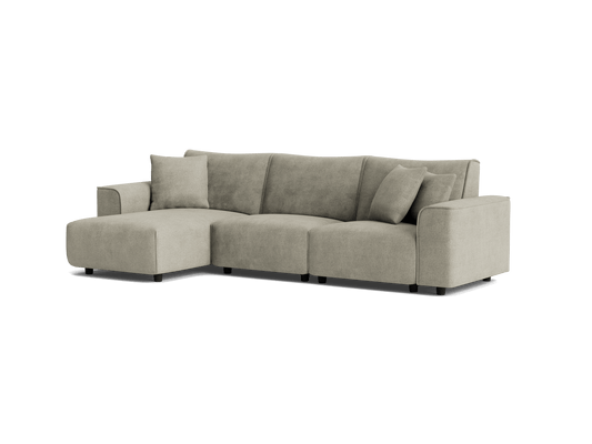 Light grey L-shaped sectional sofa with square armrests and plush cushions. Perfect for modern living rooms.