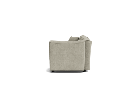 Side view of a light grey sofa with plush cushions, modern design. Simple, sleek silhouette on a white background.