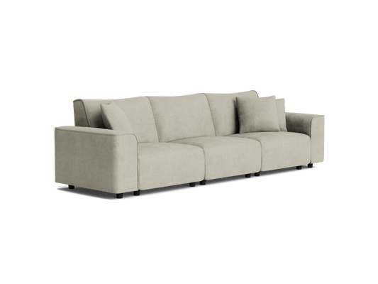 Light grey fabric sofa with three spacious seats and plush back cushions. Modern design with armrests and minimalist appeal. Ideal lounge furniture.