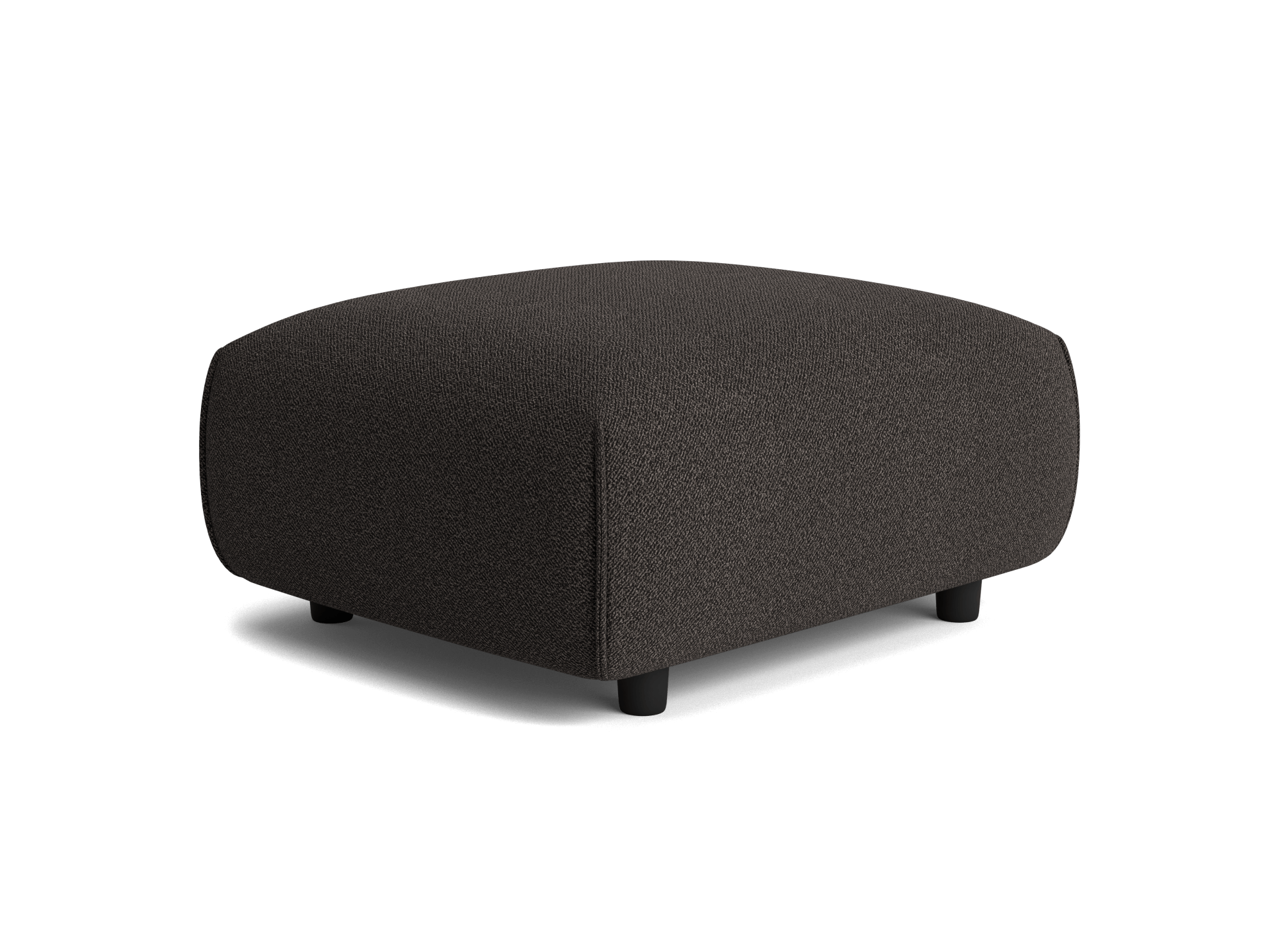 Dark brown, square ottoman with textured fabric, rounded edges, and four short black legs, perfect for living room or lounge use.