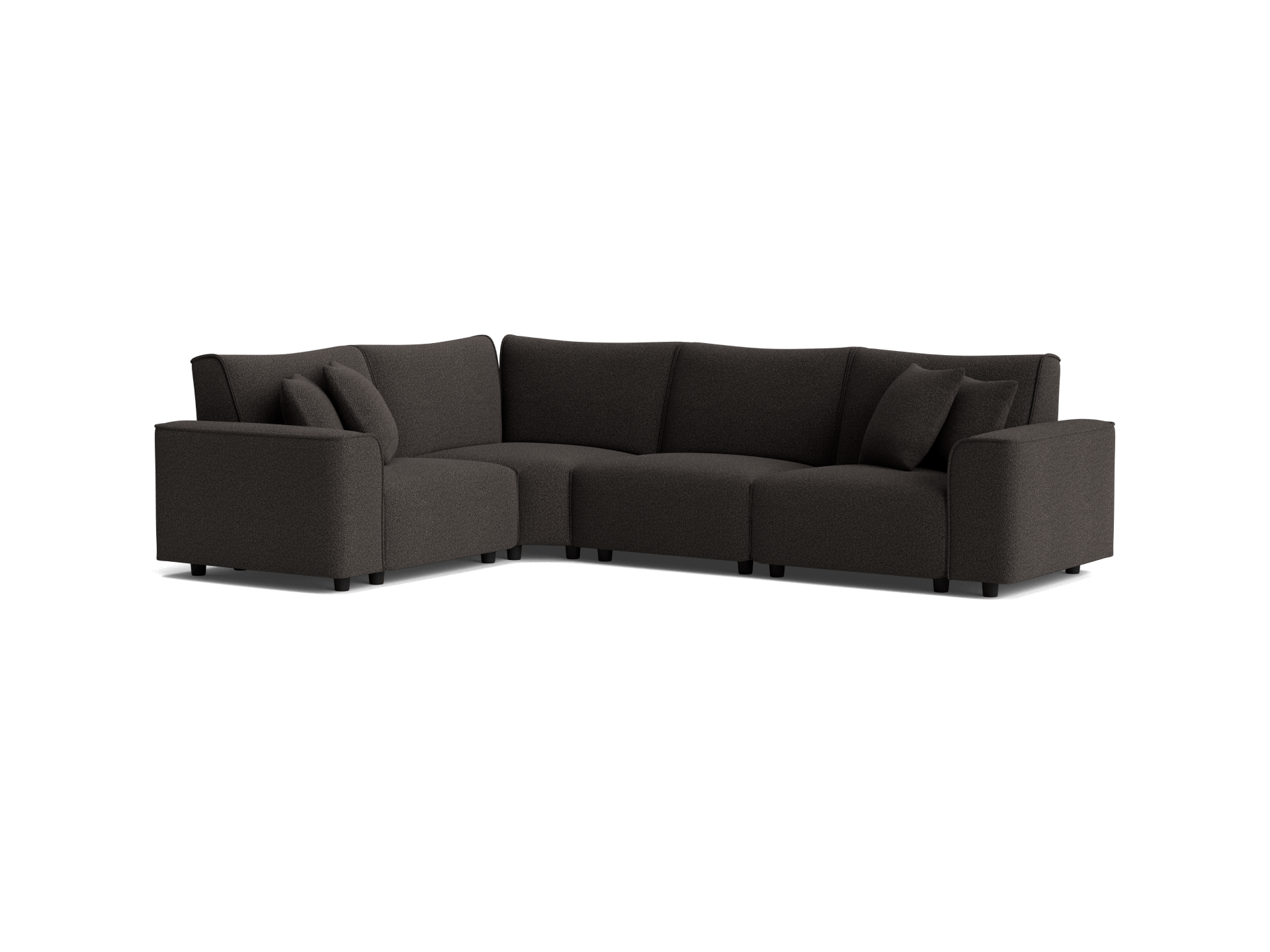 Dark grey modular L-shaped sofa with soft cushions, modern design, and minimalist style. Perfect for lounge or living room furniture.