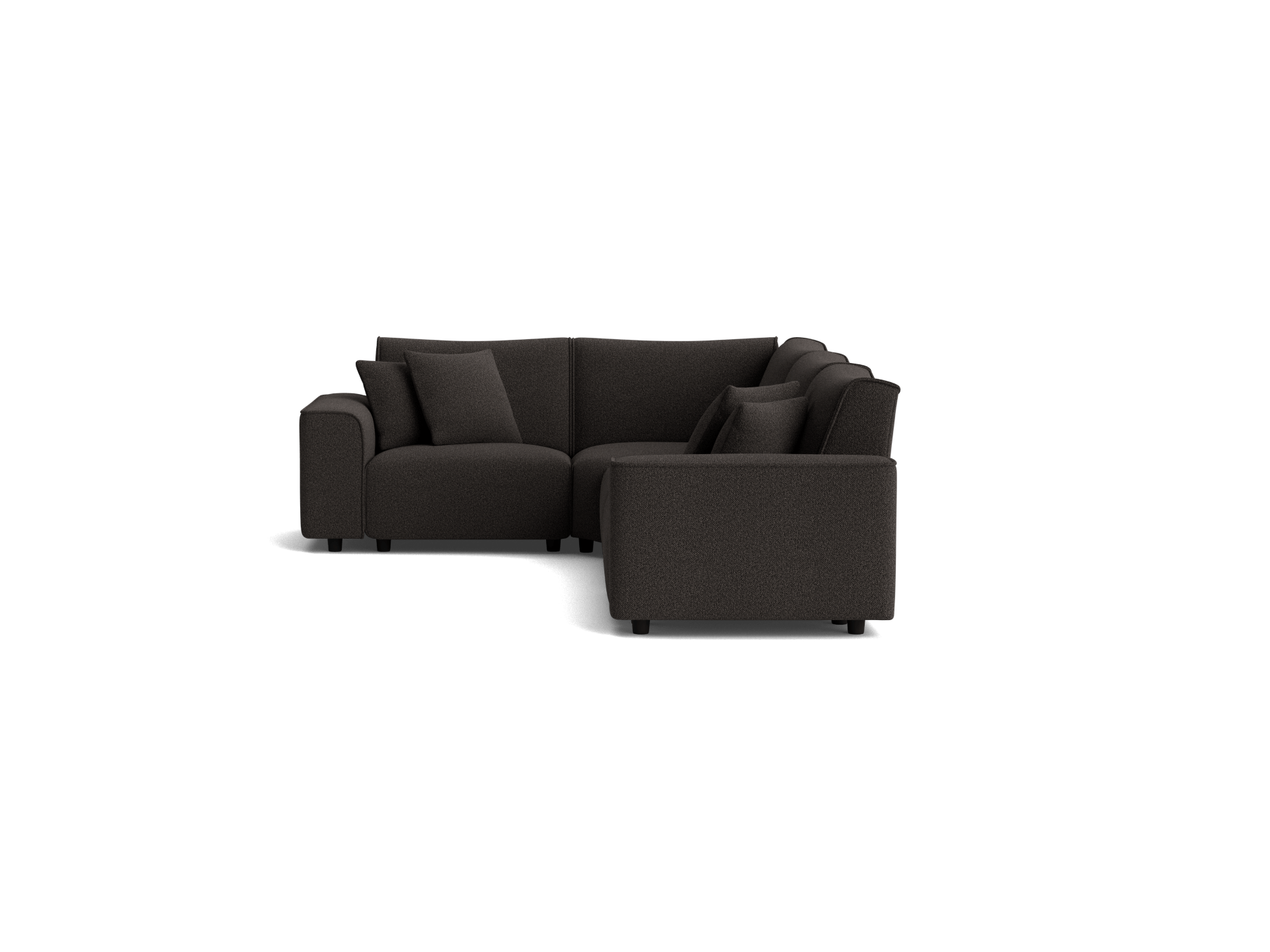 Dark grey fabric L-shaped sectional couch with clean lines, plush cushions, and a minimalist design, perfect for modern living spaces.