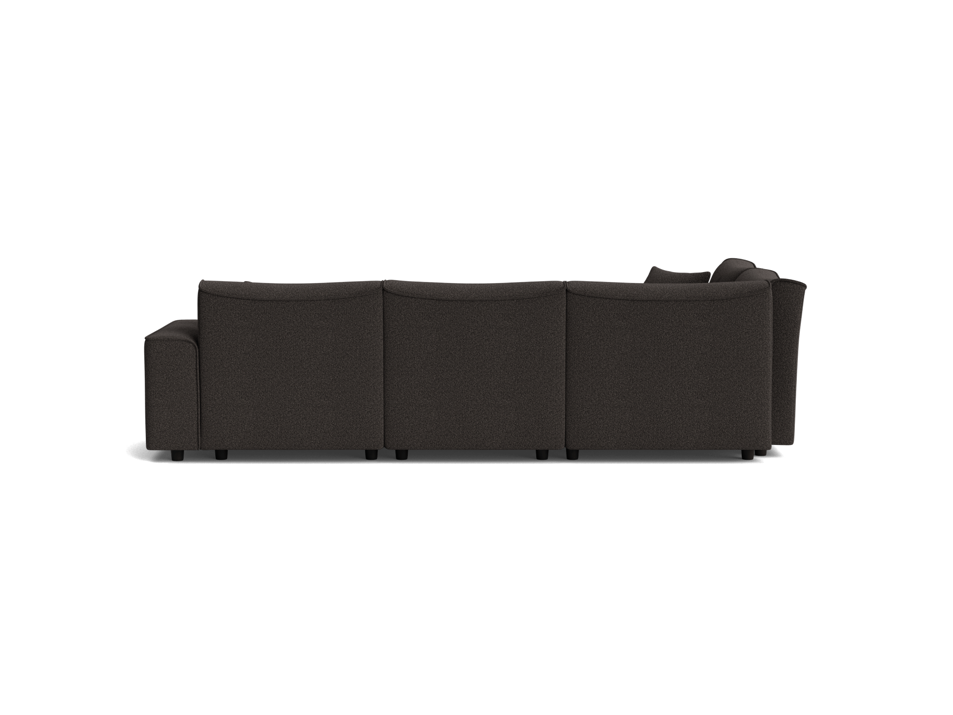 Back view of a dark grey, three-seater sofa with a modern, minimalist design and a low profile.